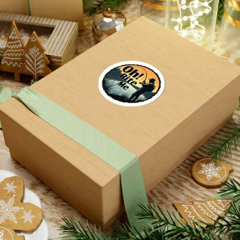Gift box showcasing the Oh Bite Me Fishing Sticker Durable Vinyl Decal