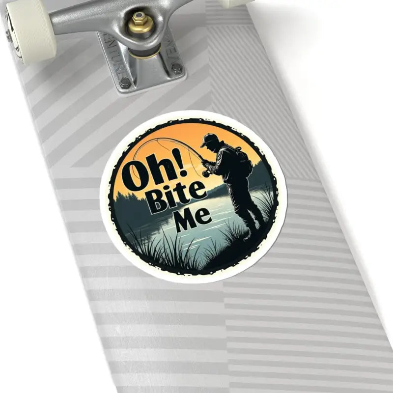 Round durable vinyl fishing sticker featuring a playful fishing graphic design