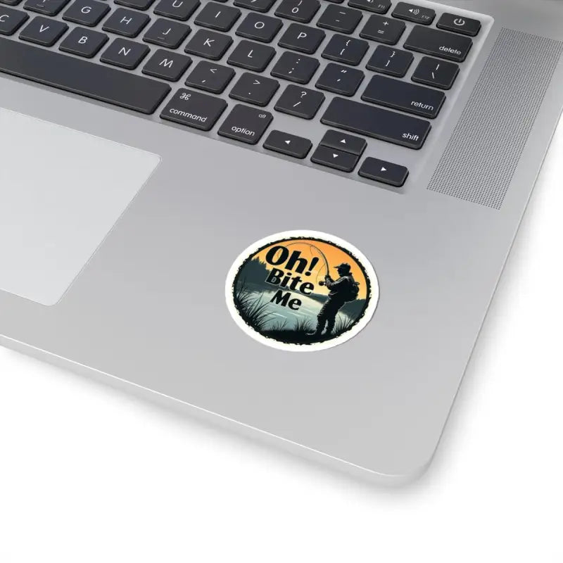 Round fishing sticker featuring Oh Bite Me Fishing Sticker durable vinyl decal design