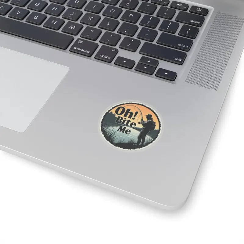 Durable vinyl decal featuring a round fishing sticker with Oh Bite Me design