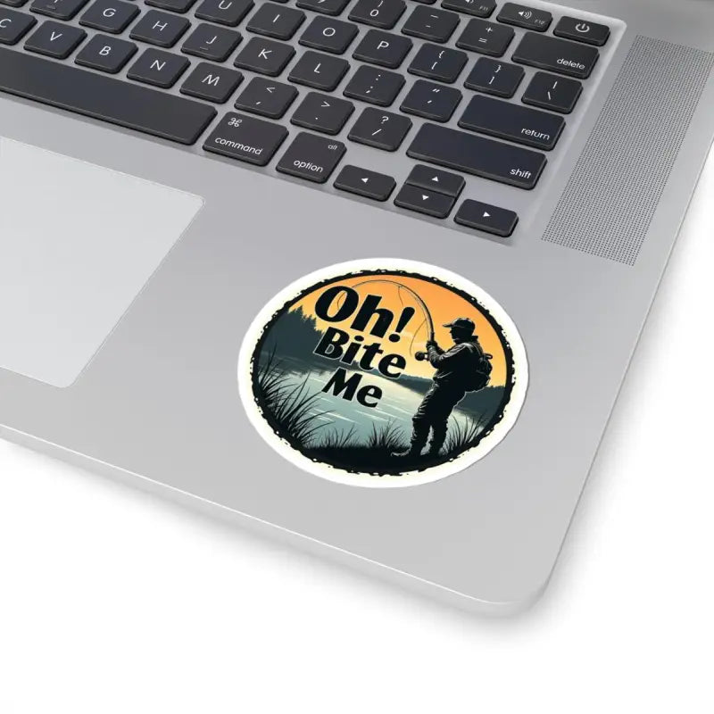 Round vinyl decal featuring a fishing scene from Oh Bite Me Fishing Sticker