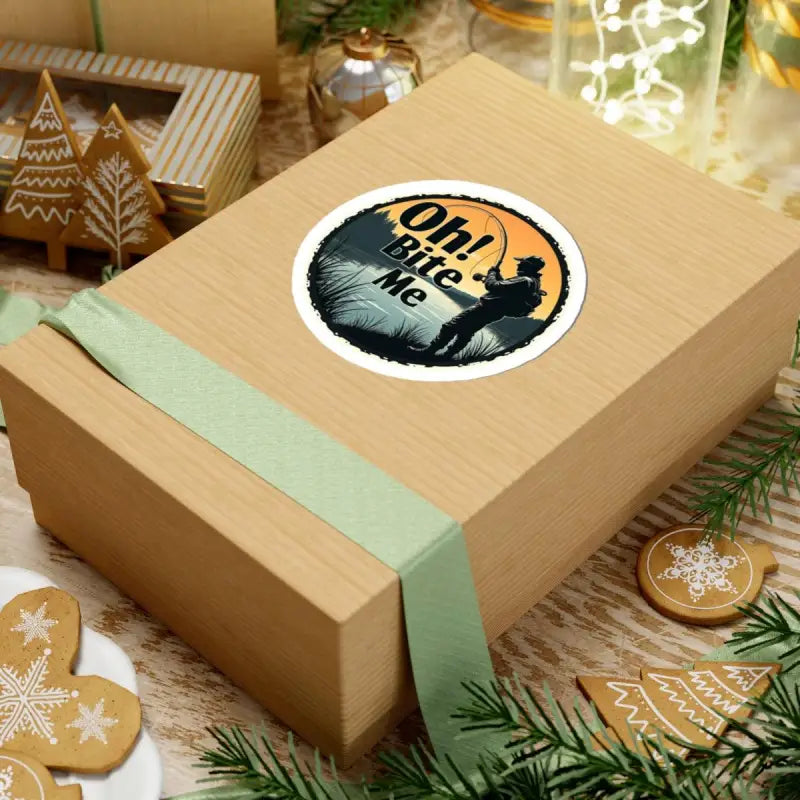 Gift box featuring Oh Bite Me Fishing Sticker Durable Vinyl Decal for a perfect present