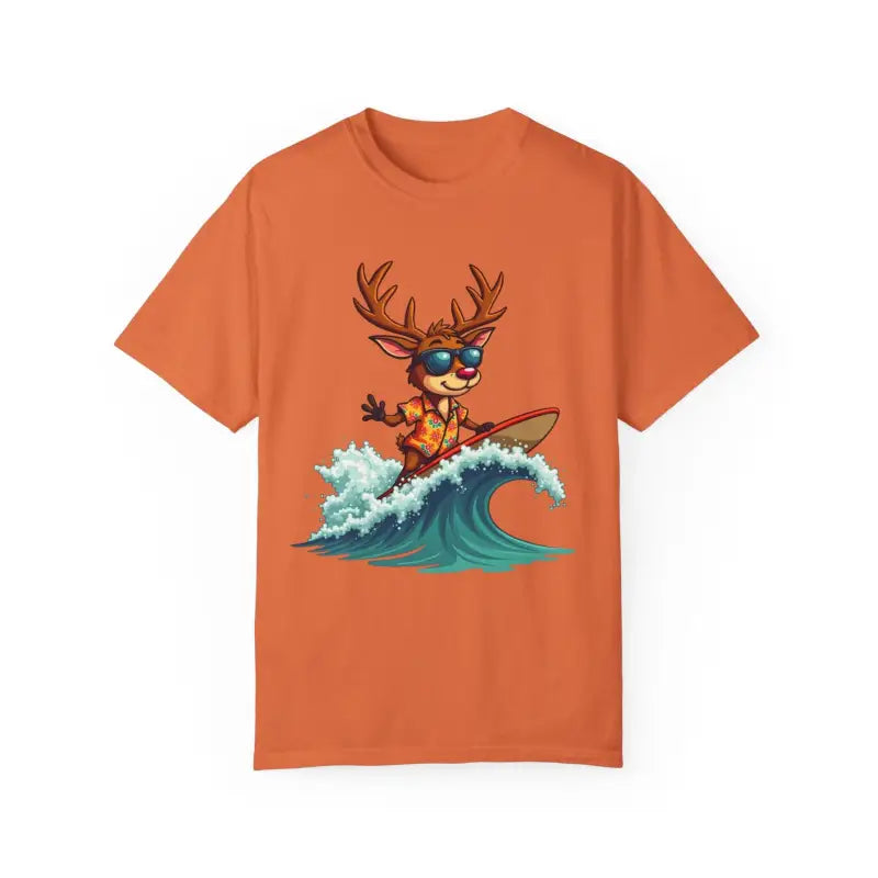 Orange Surfing Reindeer T Shirt featuring a vibrant surfing reindeer graphic