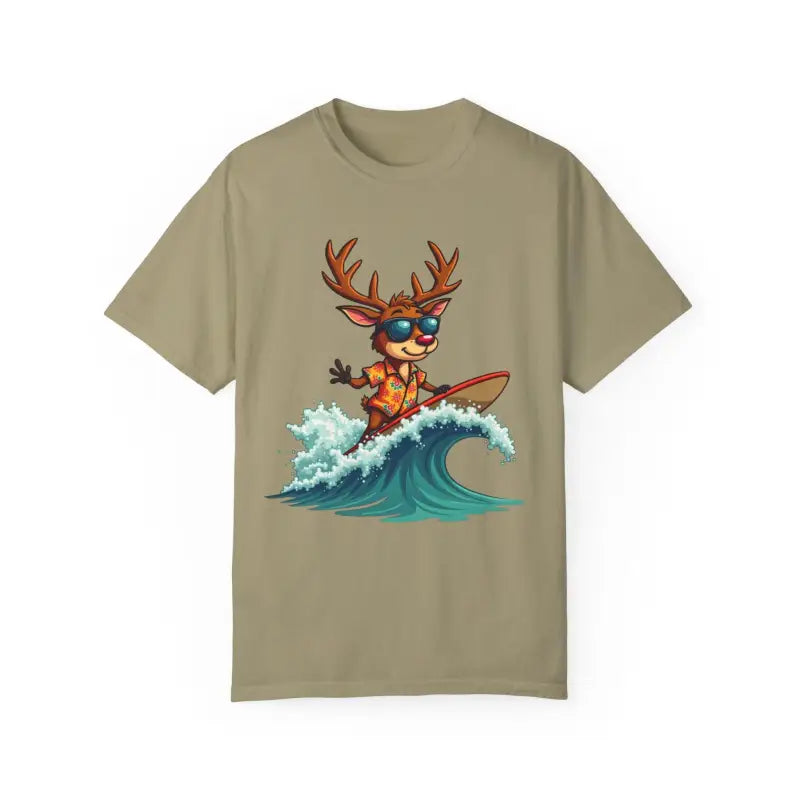 Khaki T-shirt featuring a surfing reindeer graphic from the Orange Surfing Reindeer collection