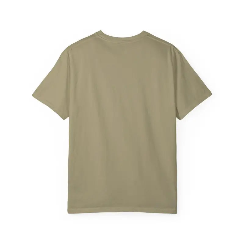 Khaki-colored t-shirt featuring Orange Surfing Reindeer design for casual wear