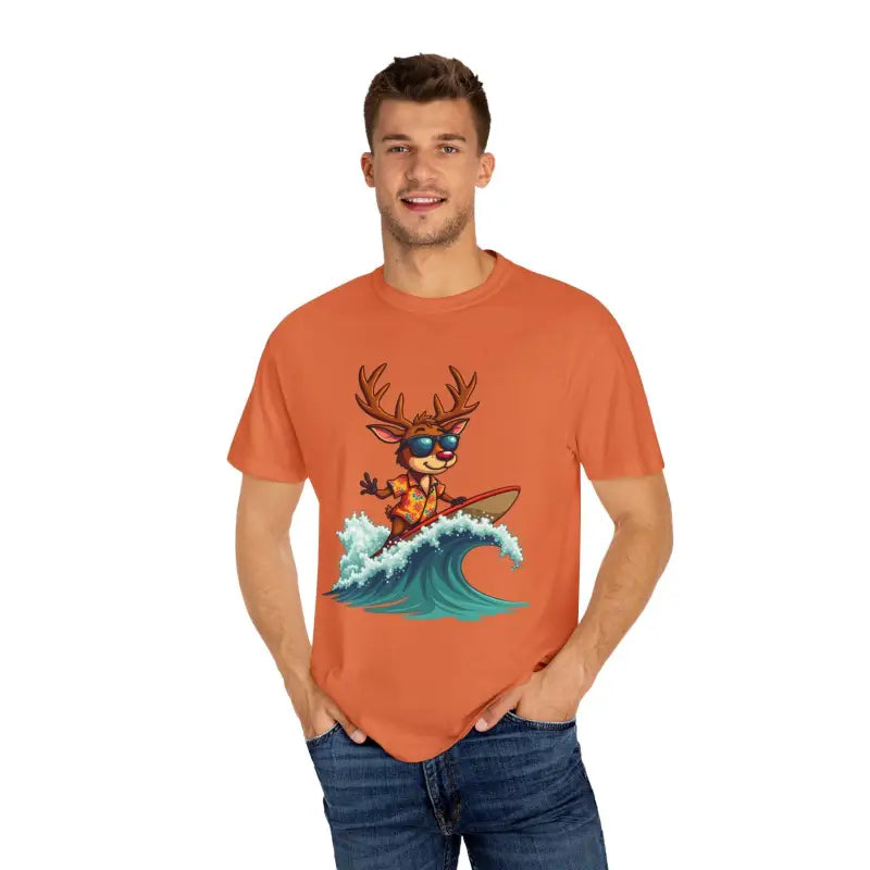 Orange Surfing Reindeer T Shirt featuring a playful surfing deer graphic design