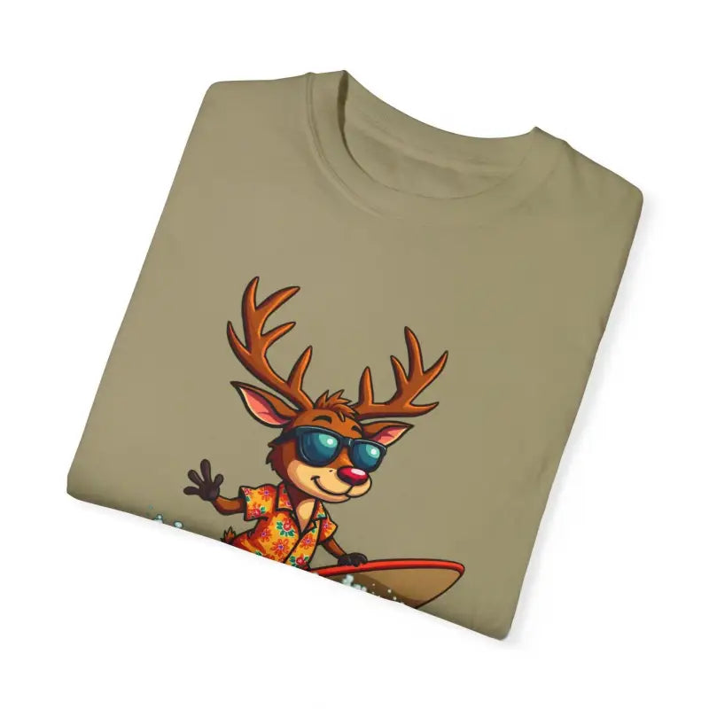 Folded Orange Surfing Reindeer T Shirt featuring a playful cartoon reindeer design