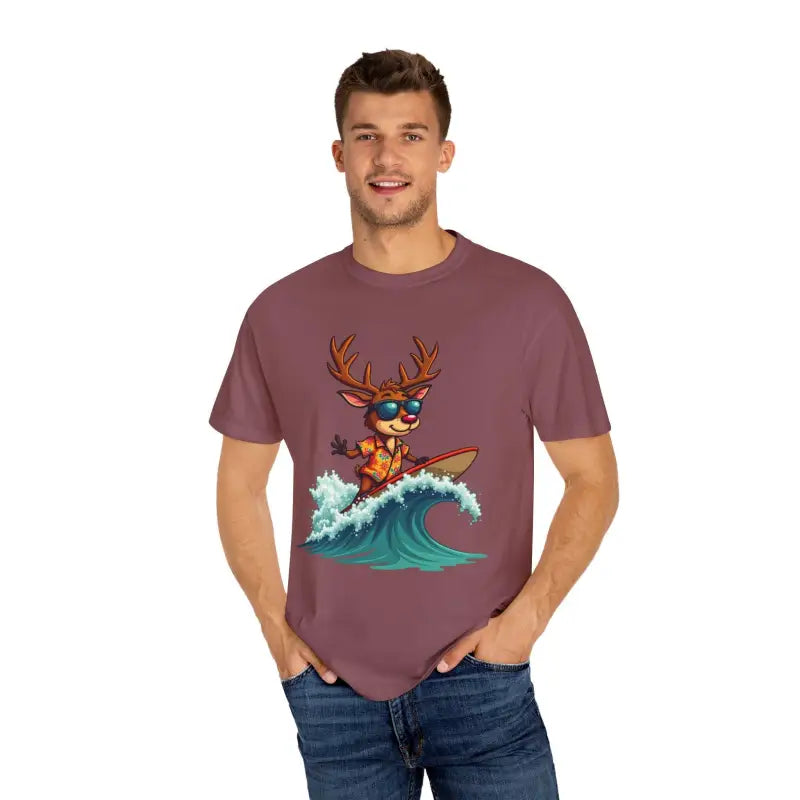 Maroon T-shirt featuring a surfing reindeer graphic from Orange Surfing Reindeer T Shirt