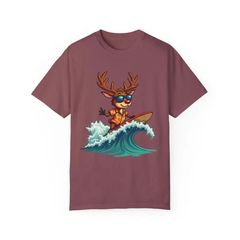 Maroon t-shirt featuring a surfing reindeer design from the Orange Surfing Reindeer T Shirt