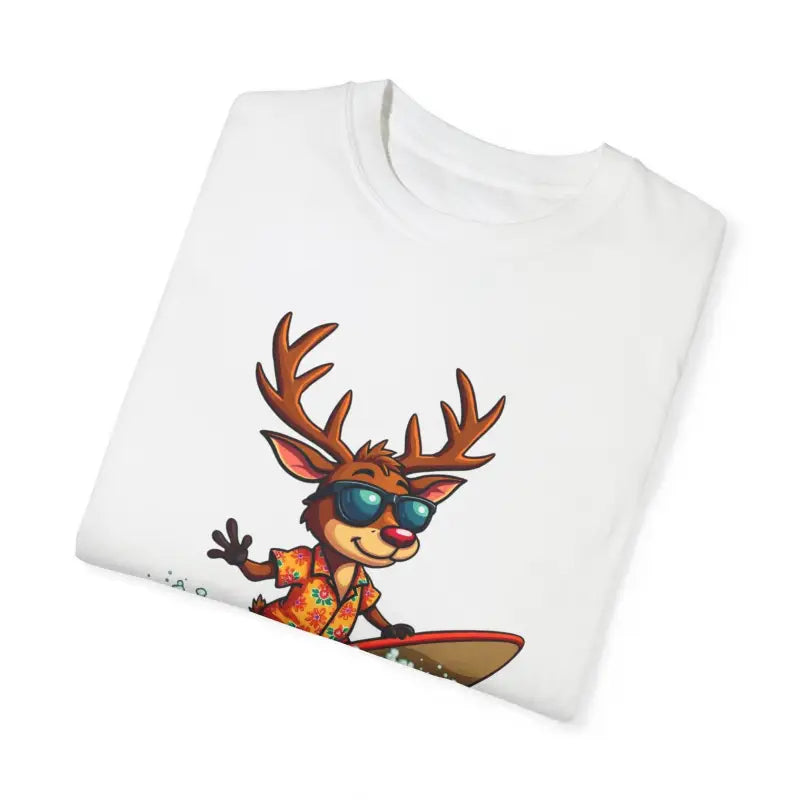 White t-shirt featuring a cartoon reindeer surfing for Orange Surfing Reindeer T Shirt
