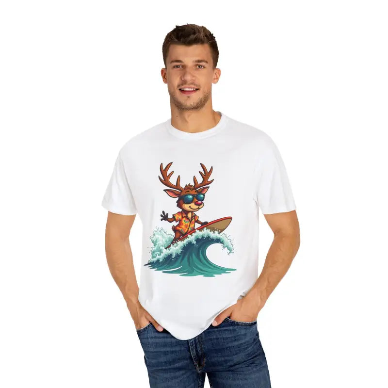 White T-shirt featuring a surfing deer graphic from the Orange Surfing Reindeer collection