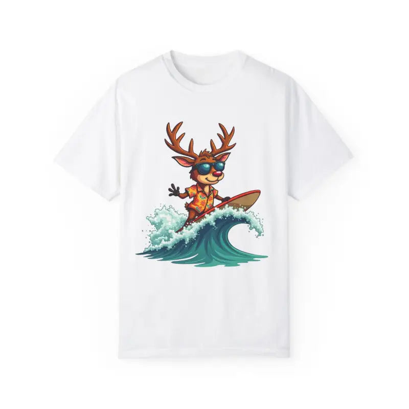 White t-shirt featuring a surfing reindeer design from the Orange Surfing Reindeer collection