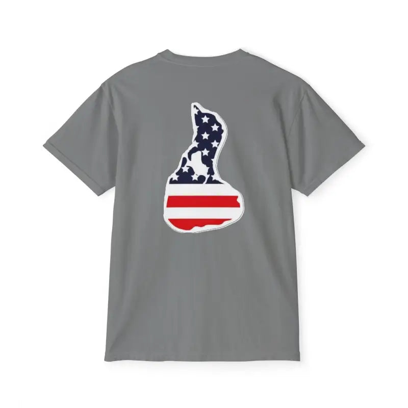Gray t-shirt featuring American flag island graphic from Patriotic Unisex T-Shirt Collection