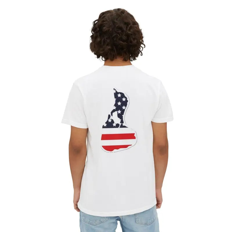 White patriotic unisex t-shirt featuring American flag design from the collection