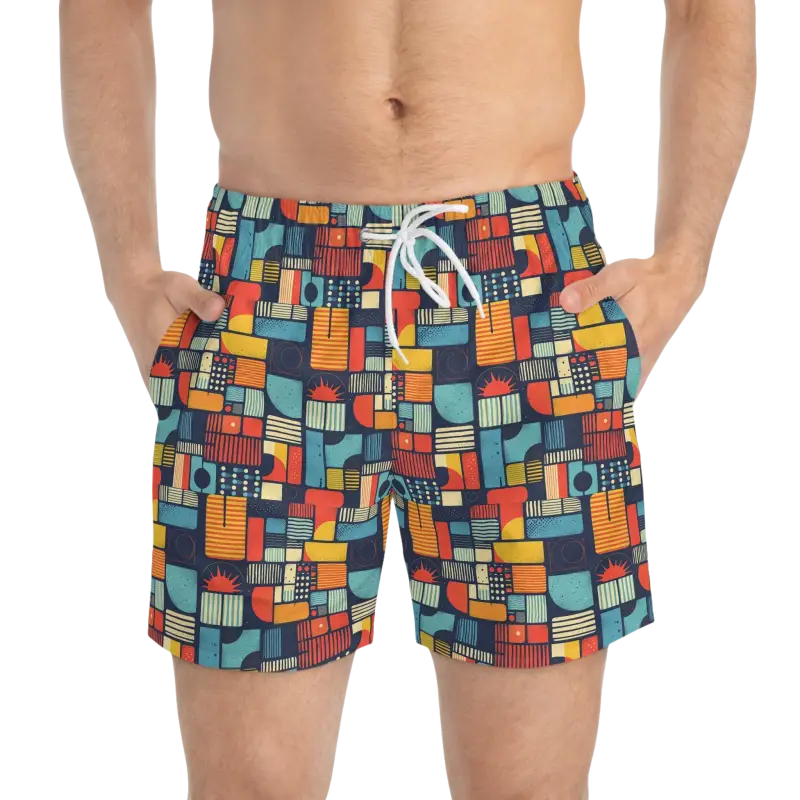 Men’s patterned swim trunks showcasing vibrant designs for stylish summer wear