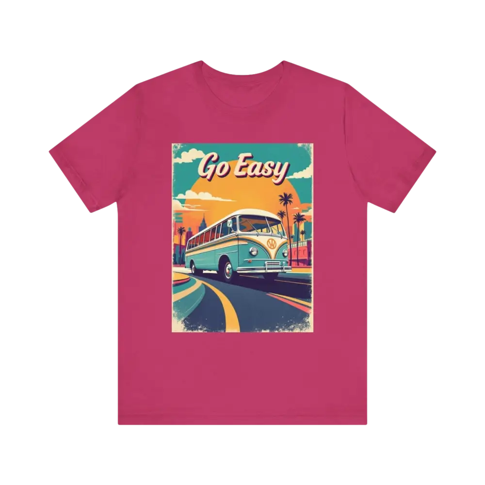 Pink Peach Retro Bus Unisex Jersey Tee featuring a bus graphic design