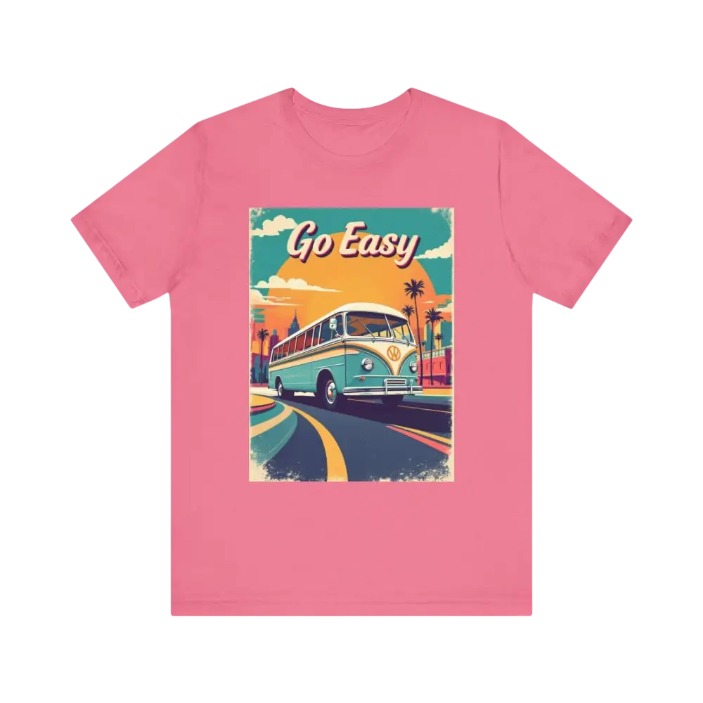 Pink Peach Retro Bus Unisex Jersey Tee featuring a vibrant bus graphic design