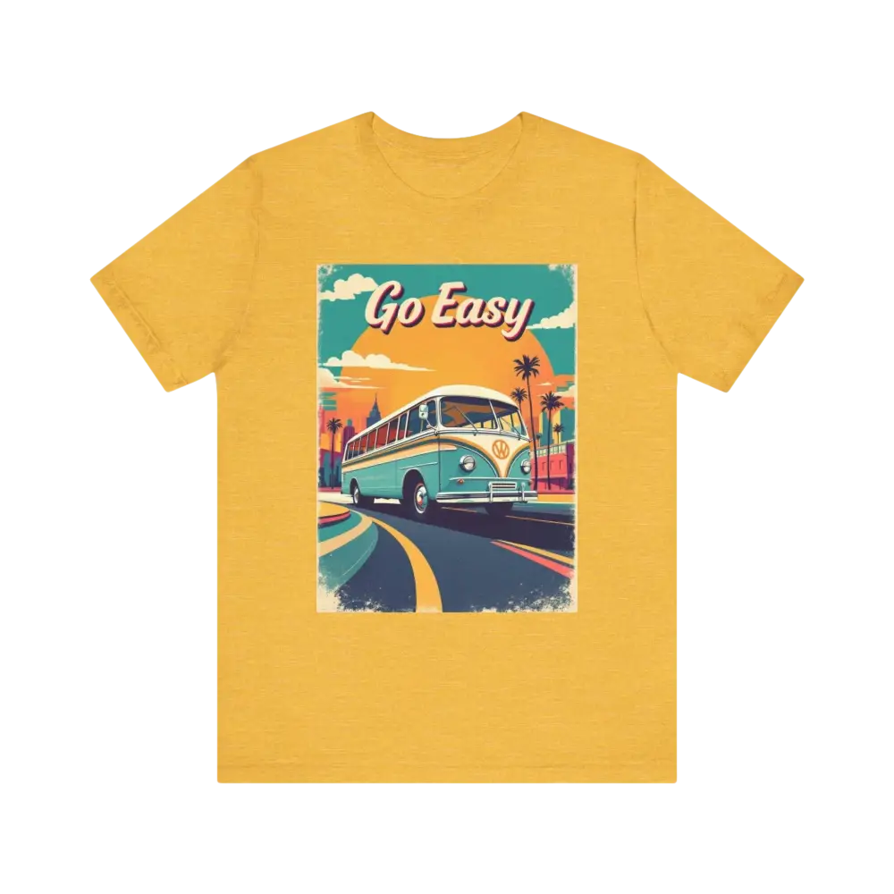 Mustard-colored Peach Retro Bus Unisex Jersey Tee featuring a vintage bus graphic