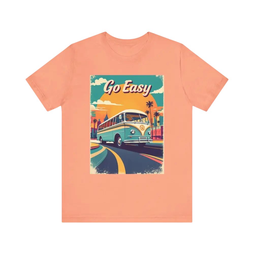 Peach Retro Bus Unisex Jersey Tee featuring a vintage bus graphic on a peach shirt