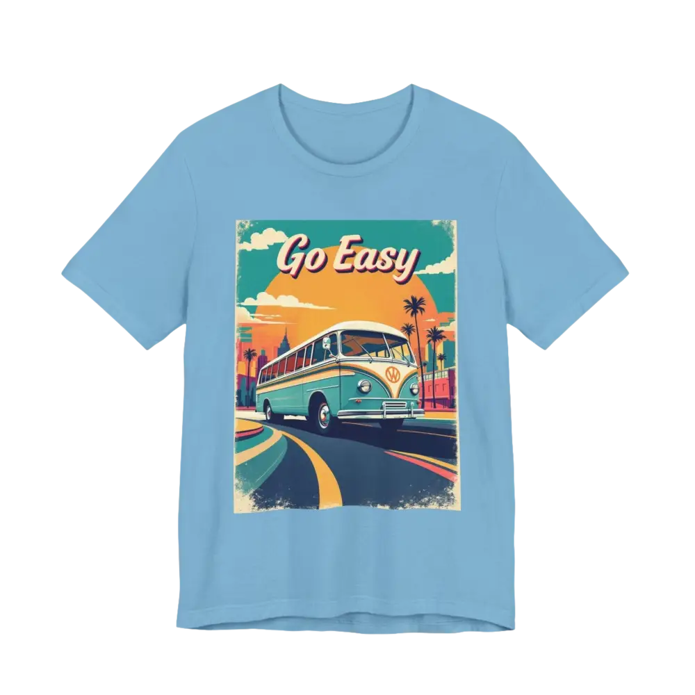 Light blue Peach Retro Bus Unisex Jersey Tee featuring a vintage bus graphic