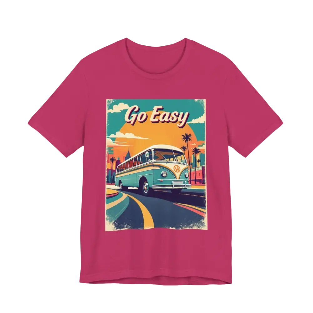 Magenta t-shirt featuring a bus graphic from the Peach Retro Bus Unisex Jersey Tee