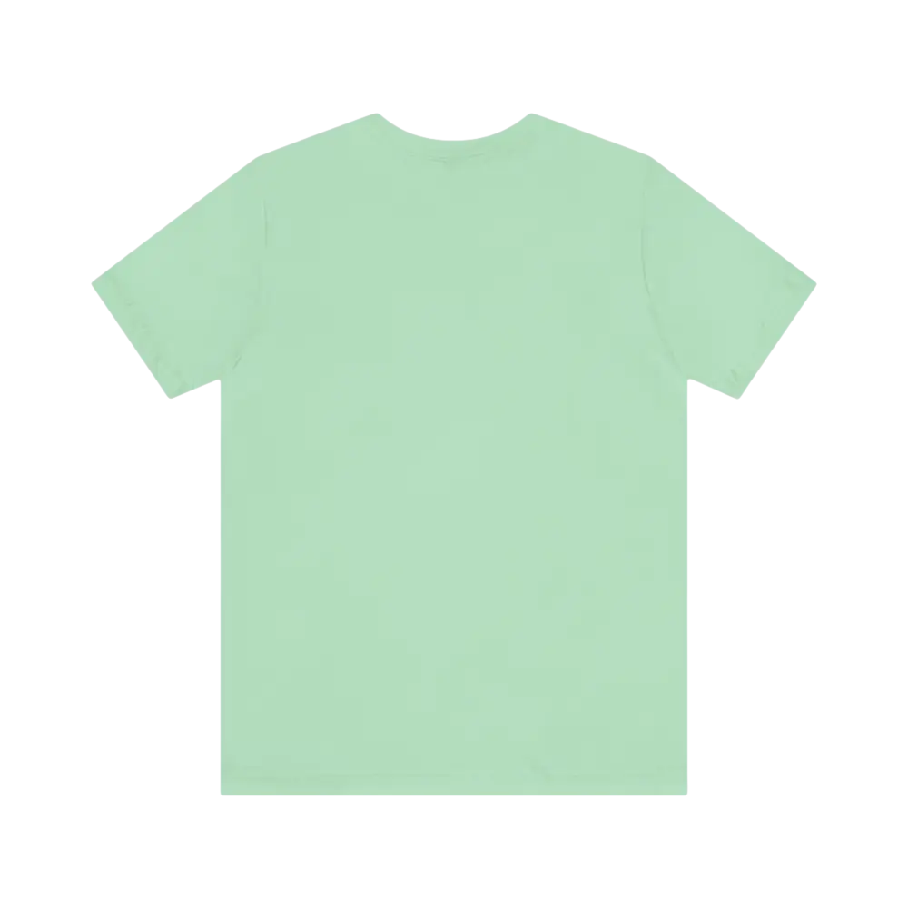 Mint green t-shirt featuring Peach Retro Bus design for unisex wear