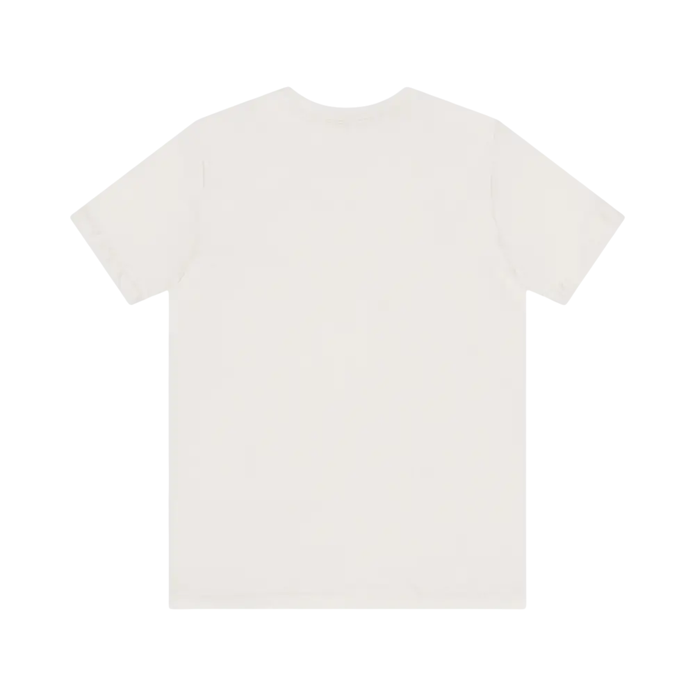 Plain white t-shirt showcased in Peach Retro Bus Unisex Jersey Tee product display