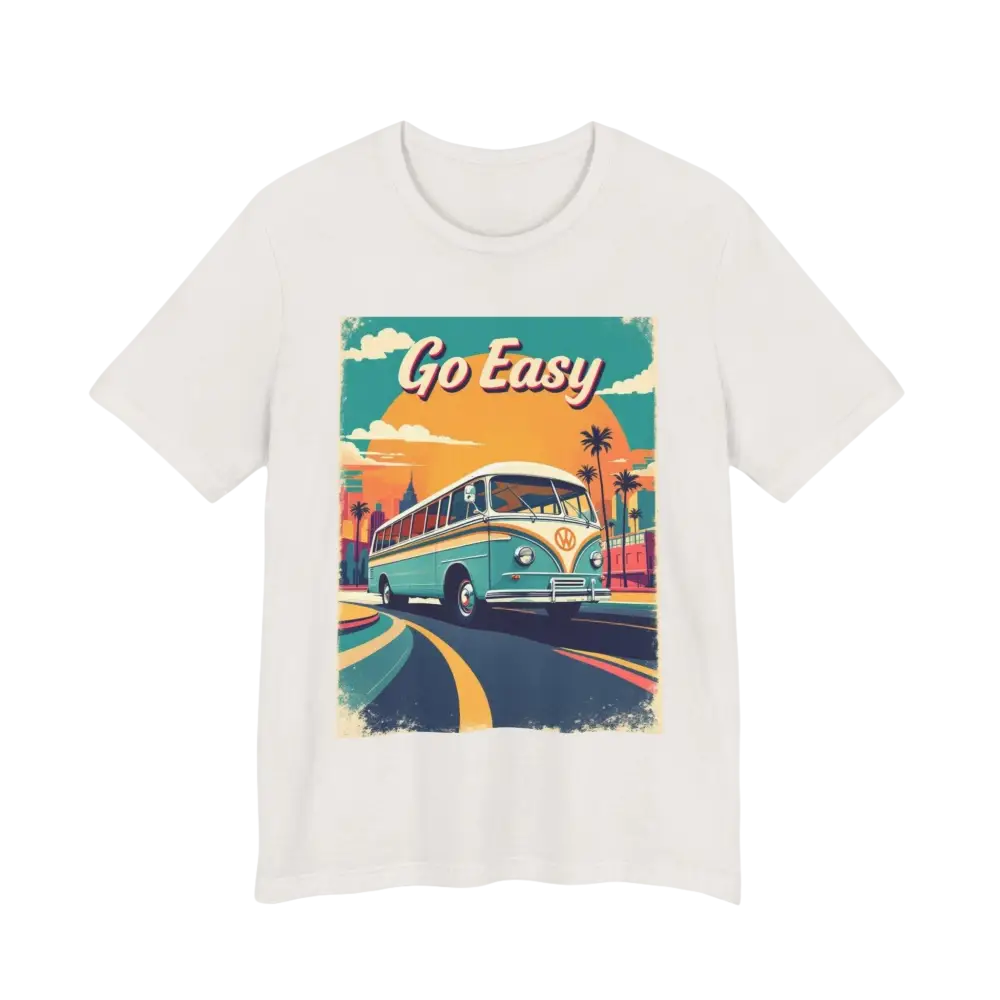 White t-shirt featuring a retro bus graphic from the Peach Retro Bus Unisex Jersey Tee