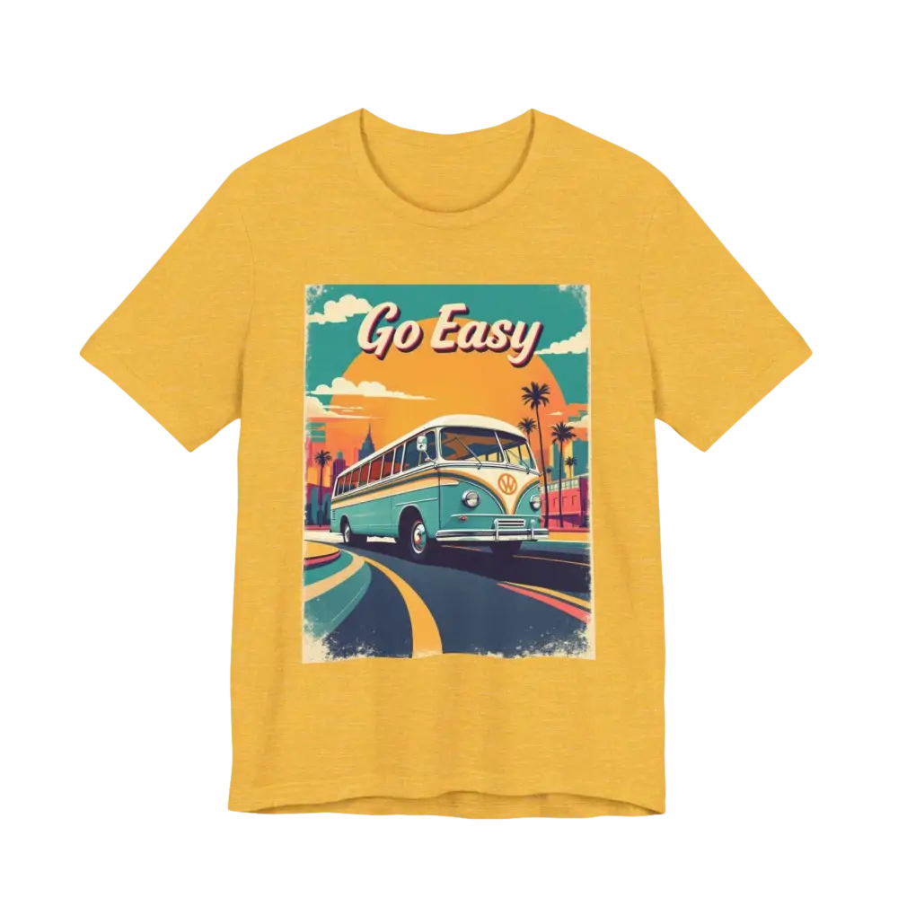 Yellow t-shirt featuring bus graphic from Peach Retro Bus Unisex Jersey Tee