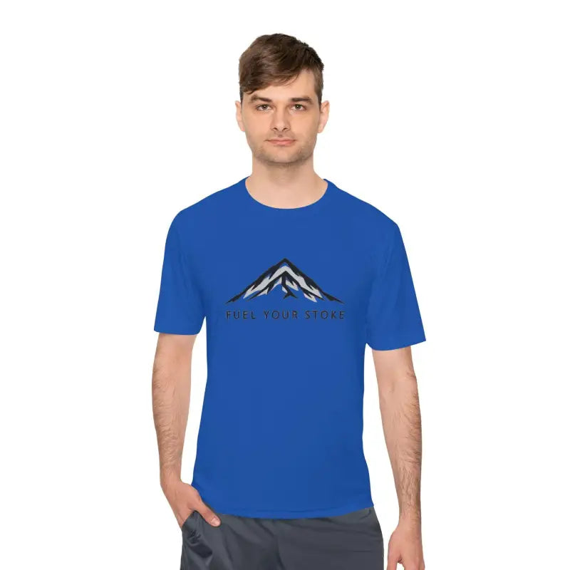 Blue Performance Mountain Graphic T Shirt showcasing a striking mountain design