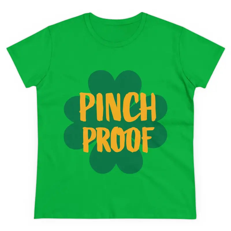 Green t-shirt featuring shamrock design and Pinch Proof Irish Joke text for women