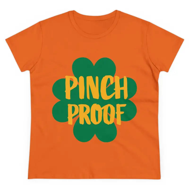 Orange t-shirt featuring shamrock design from Pinch Proof Irish Joke Women’s Tee