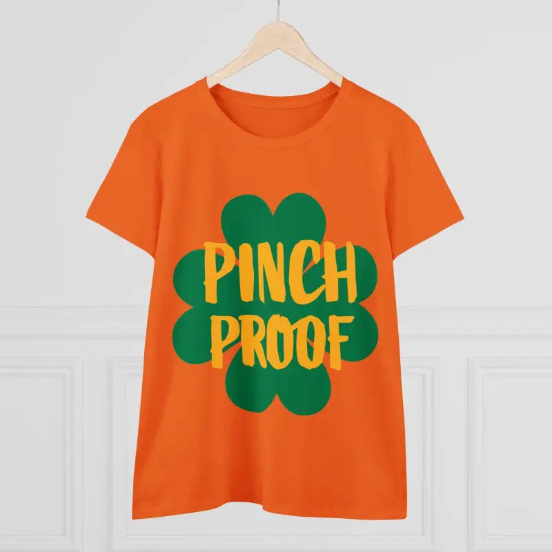 Orange t-shirt featuring shamrock design from Pinch Proof Irish Joke Womens Cotton Tee