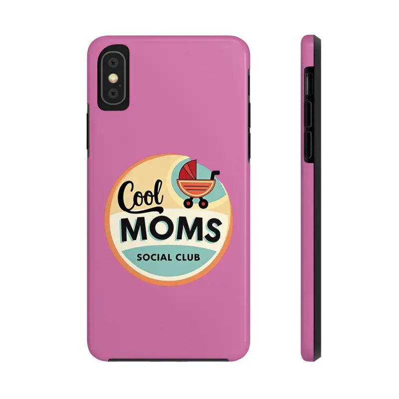 Pink iPhone 16 Tough Phone Case featuring Cool Moms Social Club design stylishly displayed