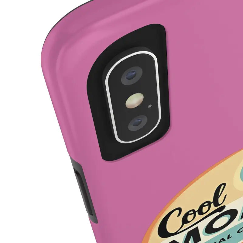 Pink iPhone 16 Tough Phone Case featuring camera cutout and Cool Moms Social Club design