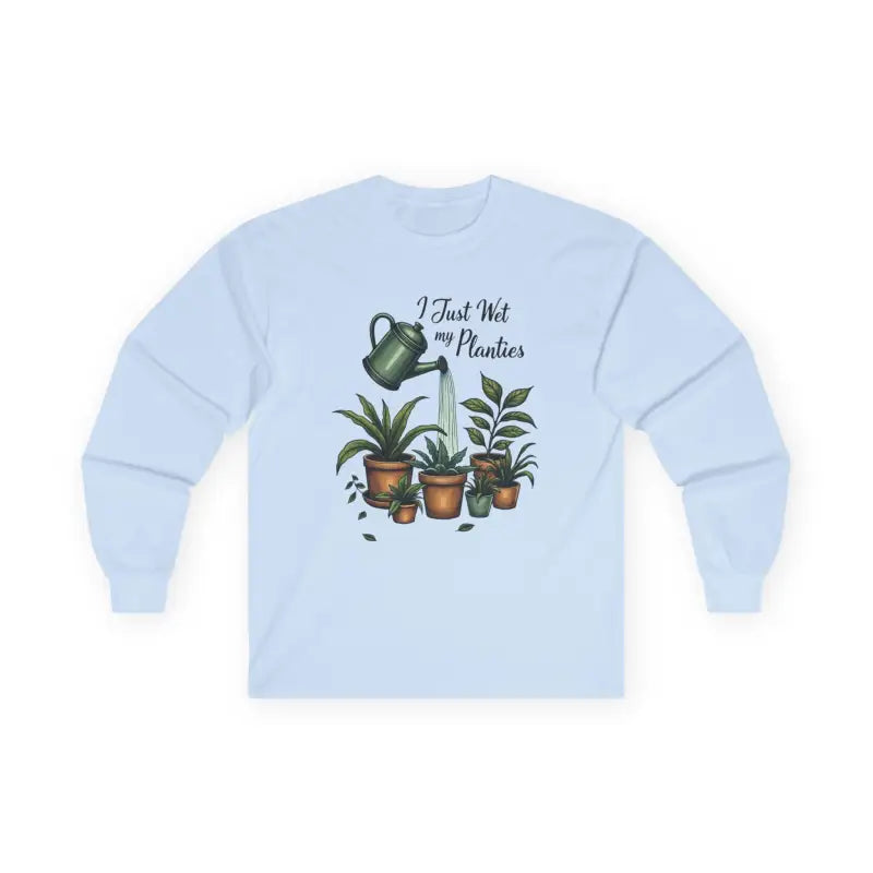 Light blue long-sleeved Plant Lover tee featuring fun plant-related quote design