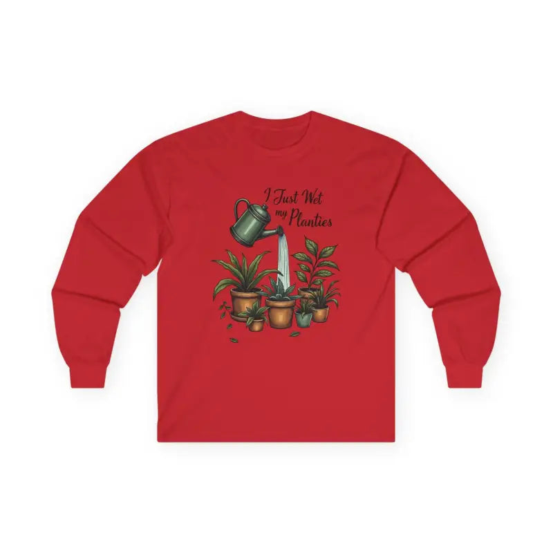 Red long-sleeved shirt featuring plant watering graphic from Plant Lover Long Sleeve Tee