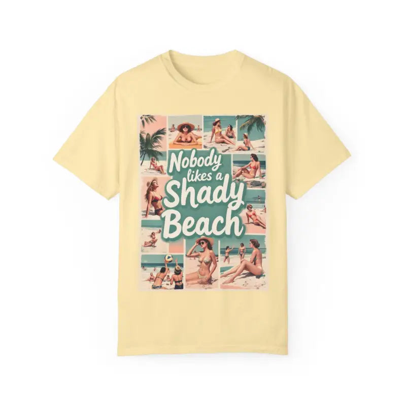 Yellow Retro Beach Collage T Shirt showcasing a vibrant seaside design