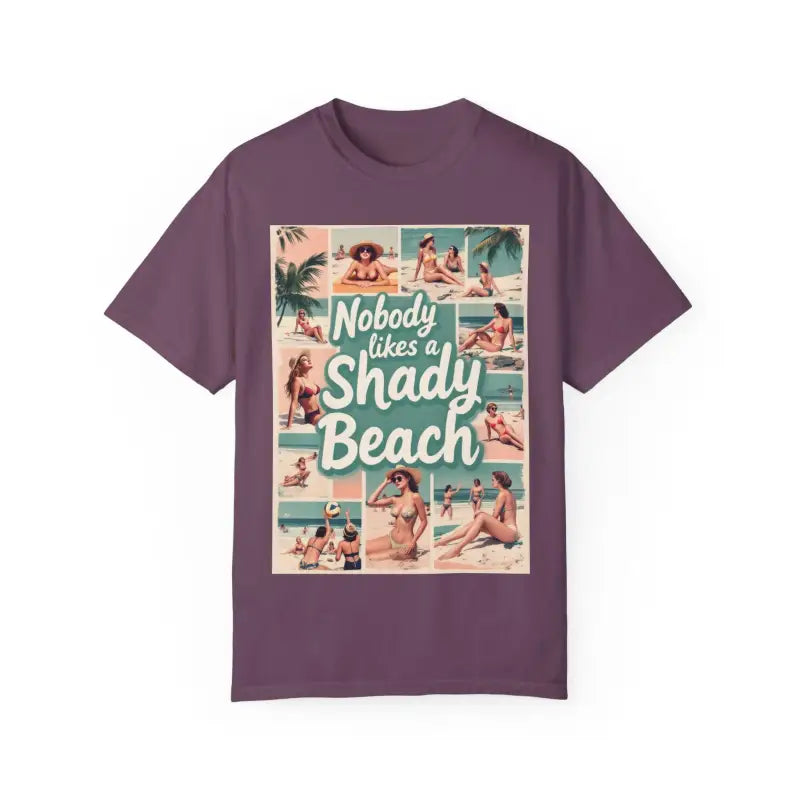 Purple Retro Beach Collage T Shirt showcasing vibrant seaside motifs and designs