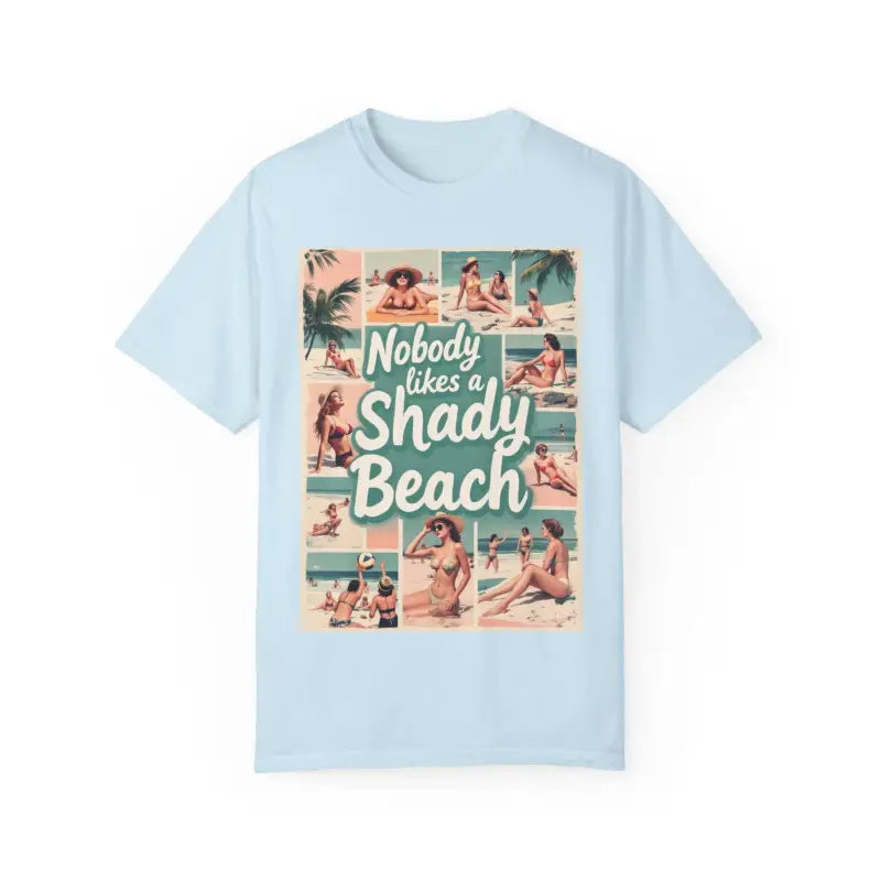 Light blue Retro Beach Collage T Shirt featuring vibrant beach-themed designs