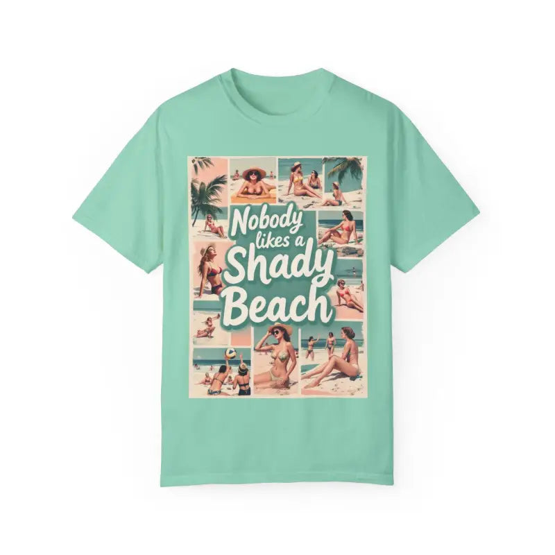 Mint green Retro Beach Collage T Shirt featuring a vibrant beach-themed design
