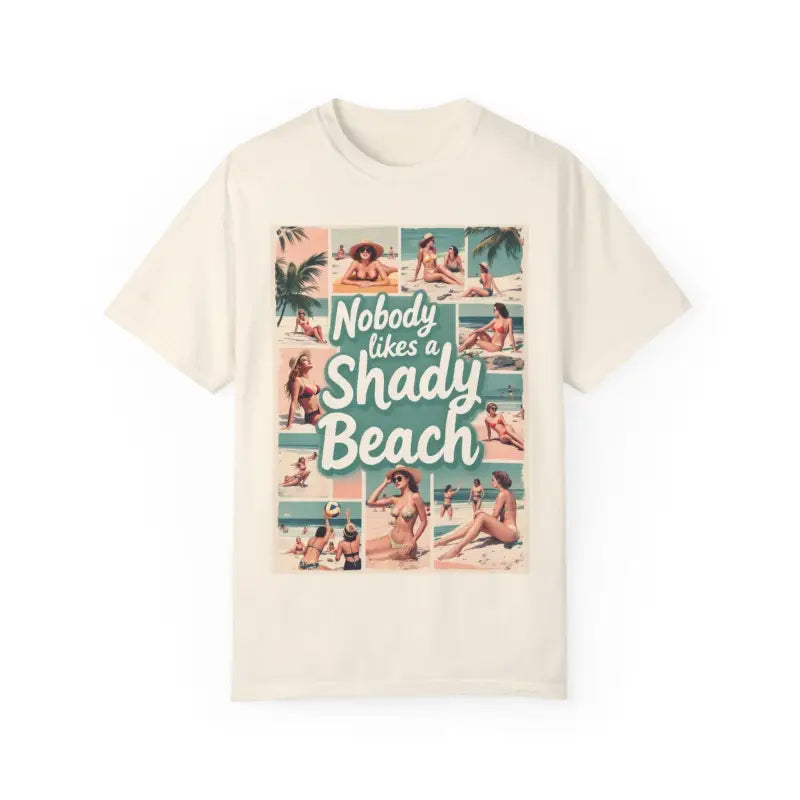 Beige Retro Beach Collage T Shirt featuring vibrant beach-themed graphics