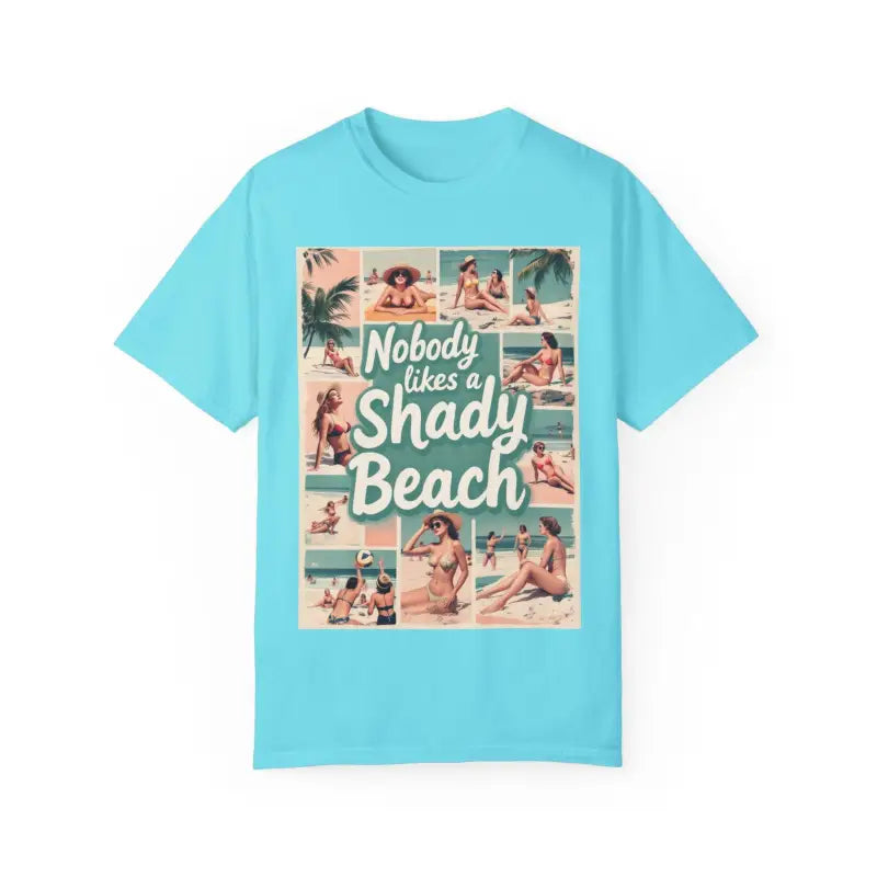 Light blue Retro Beach Collage T Shirt featuring a vibrant beach-themed design
