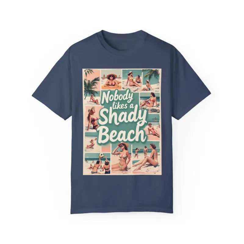 Blue t-shirt featuring a vibrant beach collage, ideal for summer fashion