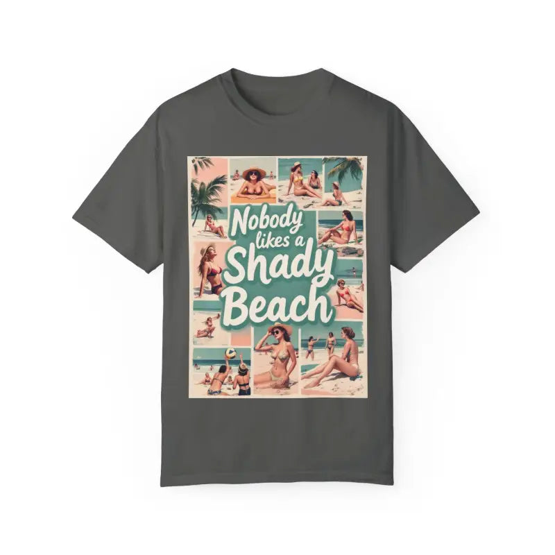 Gray Retro Beach Collage T Shirt featuring a vibrant beach-themed graphic design