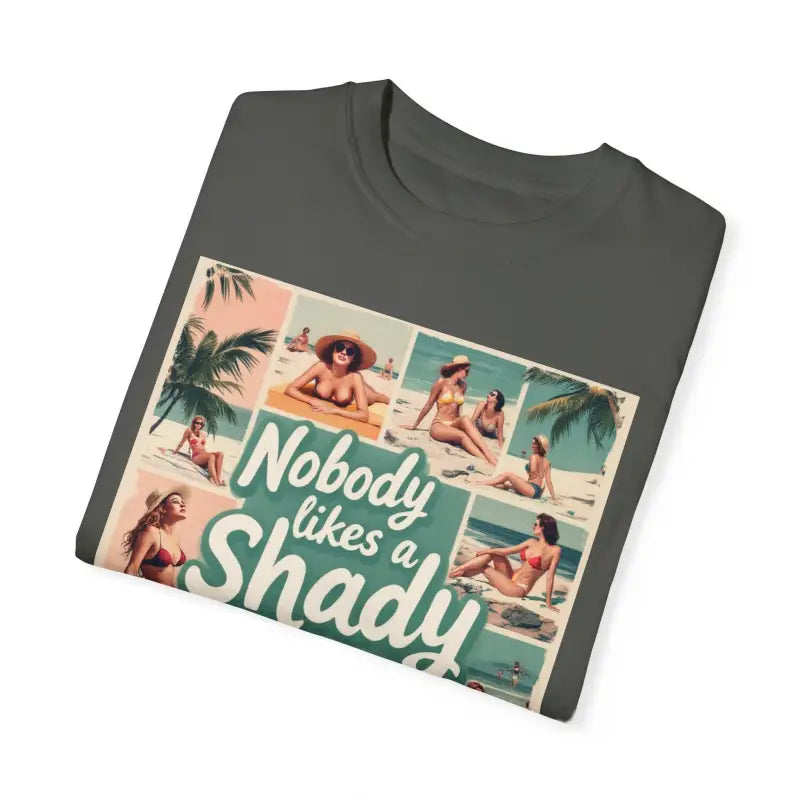Gray Retro Beach Collage T Shirt featuring a vibrant beach-themed graphic