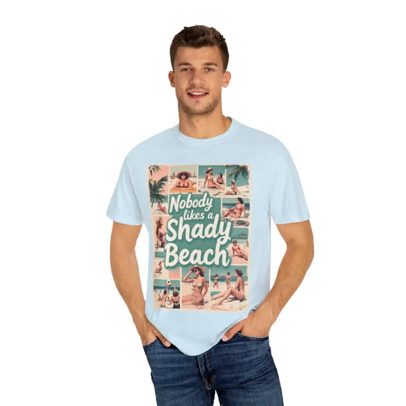 Light blue Retro Beach Collage T Shirt featuring a vibrant beach-themed graphic
