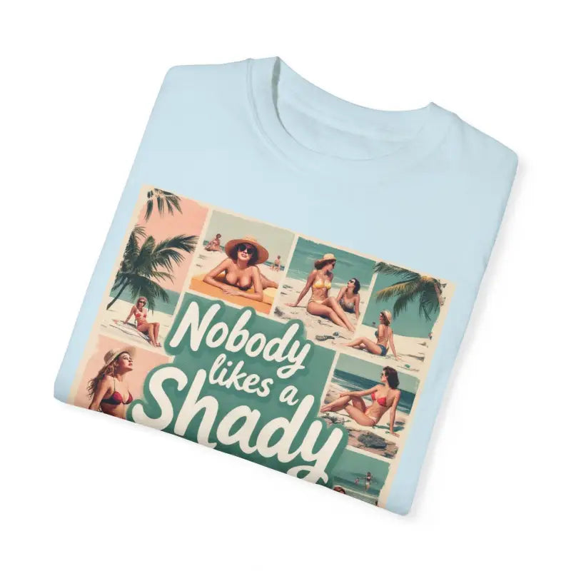 Light blue Retro Beach Collage T Shirt featuring a vibrant beach scene graphic