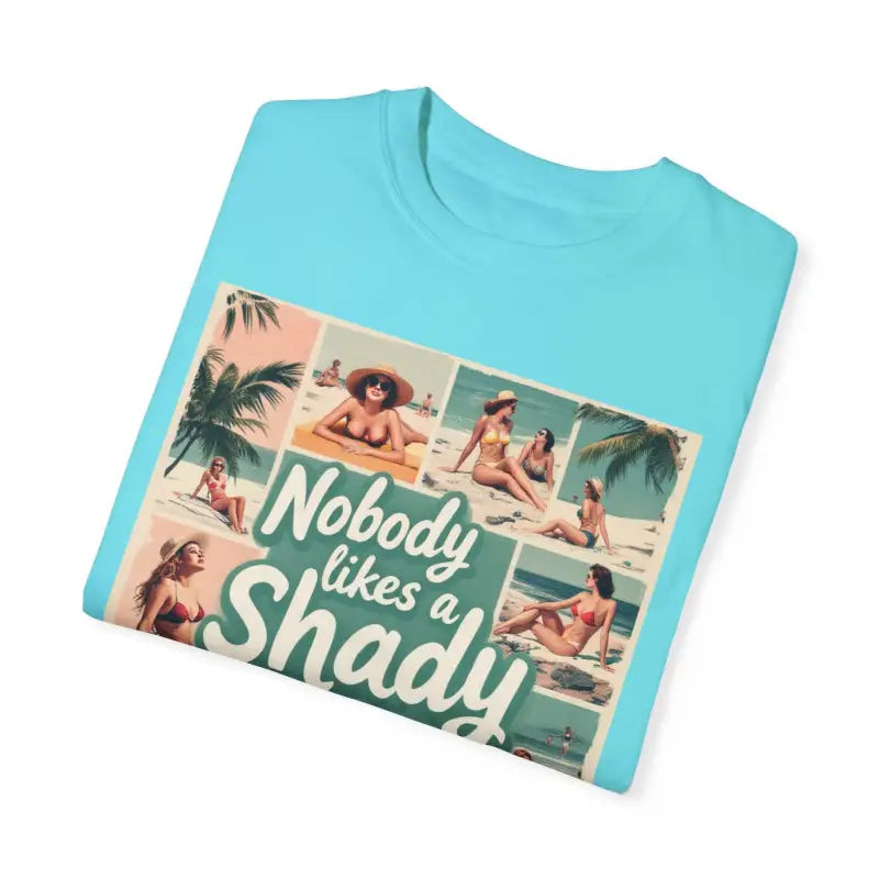 Light blue Retro Beach Collage T Shirt featuring a vibrant beach-themed graphic