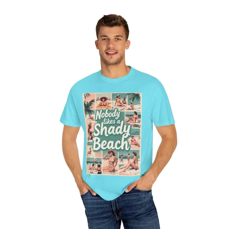 Light blue Retro Beach Collage T Shirt featuring vibrant beach-themed graphics